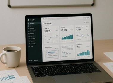 Moderner Arbeitsplatz mit Laptop, gedruckten Berichten, Lupe, Whiteboard mit SEO-Schlagwörtern und Kaffee, betont technische Optimierung und Analytics.