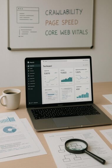 Moderner Arbeitsplatz mit Laptop, gedruckten Berichten, Lupe, Whiteboard mit SEO-Schlagwörtern und Kaffee, betont technische Optimierung und Analytics.