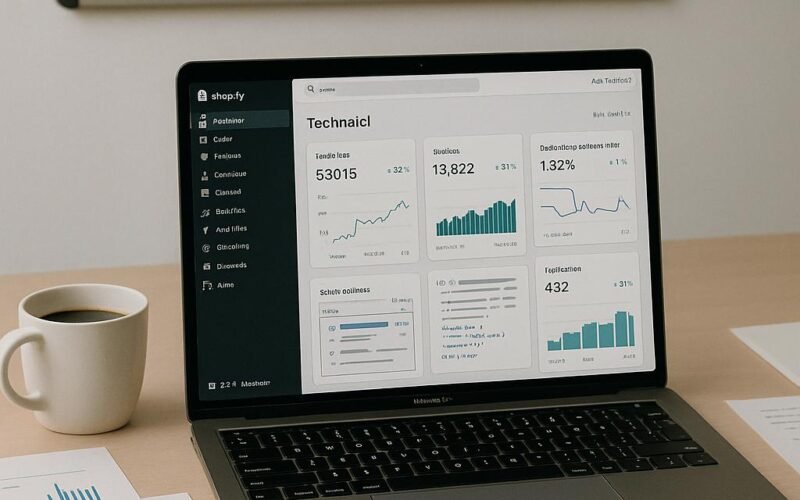 Moderner Arbeitsplatz mit Laptop, gedruckten Berichten, Lupe, Whiteboard mit SEO-Schlagwörtern und Kaffee, betont technische Optimierung und Analytics.