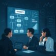 Modernes Büro mit Technik-Display, Fachleuten bei SEO-Analysen und Server-Racks im Hintergrund, mit digitalen Code- und Graphenelementen.