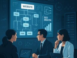 Modernes Büro mit Technik-Display, Fachleuten bei SEO-Analysen und Server-Racks im Hintergrund, mit digitalen Code- und Graphenelementen.