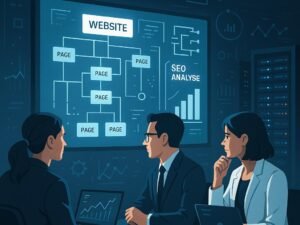 Modernes Büro mit Technik-Display, Fachleuten bei SEO-Analysen und Server-Racks im Hintergrund, mit digitalen Code- und Graphenelementen.