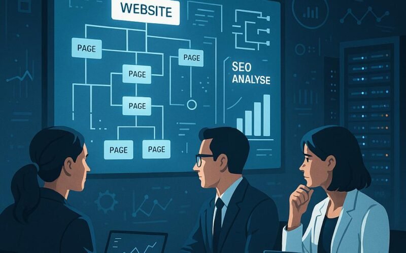 Modernes Büro mit Technik-Display, Fachleuten bei SEO-Analysen und Server-Racks im Hintergrund, mit digitalen Code- und Graphenelementen.