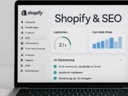 Modernes Shopify-Shop-Backend-Interface auf Laptop mit SEO- und Performance-Diagrammen und Checklisten, im Hintergrund Schriftzug 'Shopify & SEO'.
