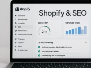 Modernes Shopify-Shop-Backend-Interface auf Laptop mit SEO- und Performance-Diagrammen und Checklisten, im Hintergrund Schriftzug 'Shopify & SEO'.