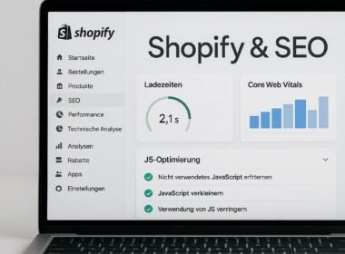 Modernes Shopify-Shop-Backend-Interface auf Laptop mit SEO- und Performance-Diagrammen und Checklisten, im Hintergrund Schriftzug 'Shopify & SEO'.