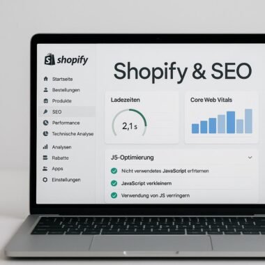 Modernes Shopify-Shop-Backend-Interface auf Laptop mit SEO- und Performance-Diagrammen und Checklisten, im Hintergrund Schriftzug 'Shopify & SEO'.
