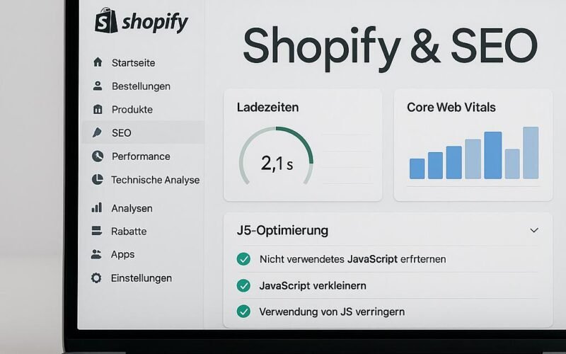 Modernes Shopify-Shop-Backend-Interface auf Laptop mit SEO- und Performance-Diagrammen und Checklisten, im Hintergrund Schriftzug 'Shopify & SEO'.