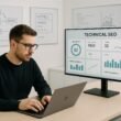 Modernes minimalistisches Büro mit großem Bildschirm, Entwickler am Laptop und Whiteboards mit Skizzen zu Server-Strukturen und Codes, technische SEO-Dashboard-Analysen