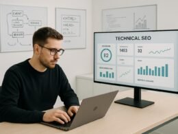 Modernes minimalistisches Büro mit großem Bildschirm, Entwickler am Laptop und Whiteboards mit Skizzen zu Server-Strukturen und Codes, technische SEO-Dashboard-Analysen
