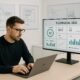 Modernes minimalistisches Büro mit großem Bildschirm, Entwickler am Laptop und Whiteboards mit Skizzen zu Server-Strukturen und Codes, technische SEO-Dashboard-Analysen