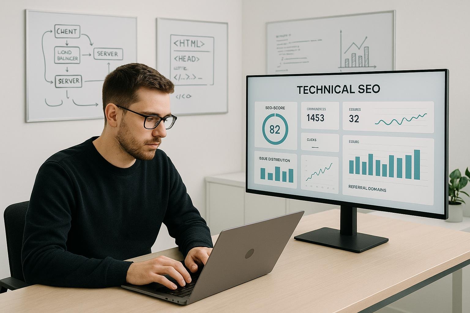 Modernes minimalistisches Büro mit großem Bildschirm, Entwickler am Laptop und Whiteboards mit Skizzen zu Server-Strukturen und Codes, technische SEO-Dashboard-Analysen