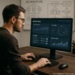 Webentwickler arbeitet an einem großen Computerbildschirm mit WordPress-Analysen, SEO-Diagrammen und Plugin-Konfigurationen, im Hintergrund ein Whiteboard mit Site-Architektur und Flussdiagrammen, geschaffen von Tobias Hager für 404 Magazine