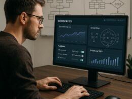 Webentwickler arbeitet an einem großen Computerbildschirm mit WordPress-Analysen, SEO-Diagrammen und Plugin-Konfigurationen, im Hintergrund ein Whiteboard mit Site-Architektur und Flussdiagrammen, geschaffen von Tobias Hager für 404 Magazine