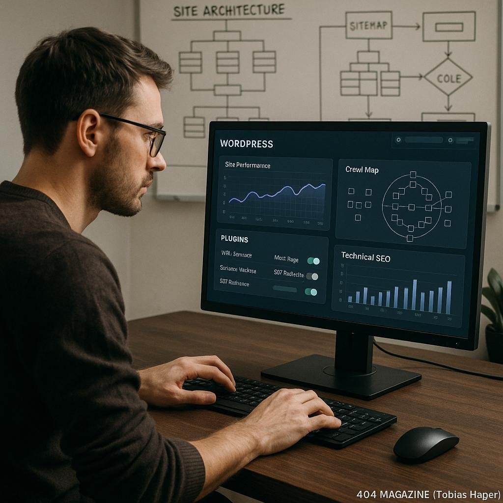 Webentwickler arbeitet an einem großen Computerbildschirm mit WordPress-Analysen, SEO-Diagrammen und Plugin-Konfigurationen, im Hintergrund ein Whiteboard mit Site-Architektur und Flussdiagrammen, geschaffen von Tobias Hager für 404 Magazine