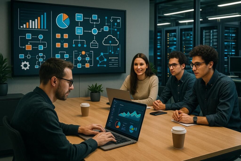 Team von Web-Profis in modernem Büro arbeitet an Datenvisualisierungen und Strategiekarten, mit Serverräumen im Hintergrund, Credit: 404 Magazine (Tobias Hager)