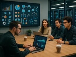 Team von Web-Profis in modernem Büro arbeitet an Datenvisualisierungen und Strategiekarten, mit Serverräumen im Hintergrund, Credit: 404 Magazine (Tobias Hager)