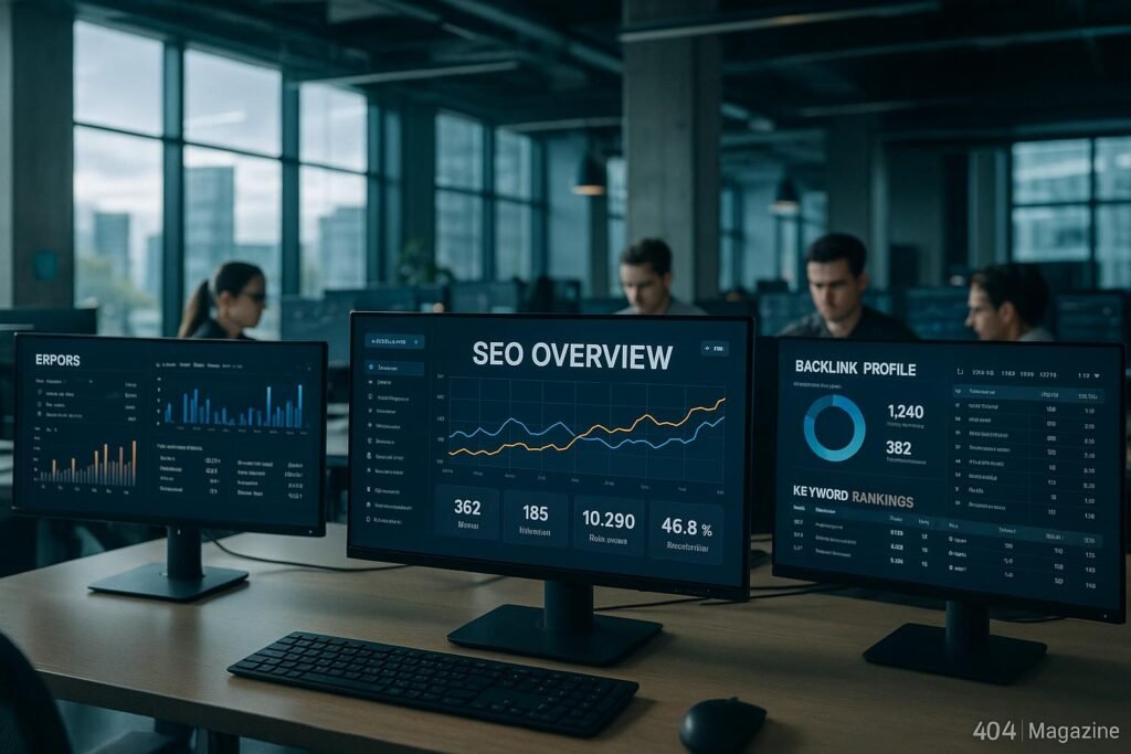 Modernes futuristisches Büro mit großen Monitoren, die SEO-Dashboards und Datenvisualisierungen anzeigen, im Hintergrund arbeitende Fachleute, viel natürliches Licht durch große Fenster