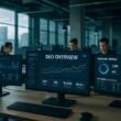 Modernes futuristisches Büro mit großen Monitoren, die SEO-Dashboards und Datenvisualisierungen anzeigen, im Hintergrund arbeitende Fachleute, viel natürliches Licht durch große Fenster