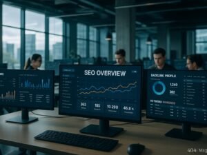 Modernes futuristisches Büro mit großen Monitoren, die SEO-Dashboards und Datenvisualisierungen anzeigen, im Hintergrund arbeitende Fachleute, viel natürliches Licht durch große Fenster