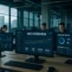 Modernes futuristisches Büro mit großen Monitoren, die SEO-Dashboards und Datenvisualisierungen anzeigen, im Hintergrund arbeitende Fachleute, viel natürliches Licht durch große Fenster