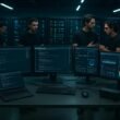 Hochmodernes IT-Wartungslabor mit Arbeitstisch, Monitoren, Serverracks und entwickelnden Technikern in schwarzen T-Shirts, professionell und futuristisch, Credits: 404 Magazine (Tobias Hager)