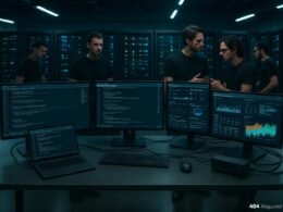 Hochmodernes IT-Wartungslabor mit Arbeitstisch, Monitoren, Serverracks und entwickelnden Technikern in schwarzen T-Shirts, professionell und futuristisch, Credits: 404 Magazine (Tobias Hager)