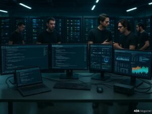 Hochmodernes IT-Wartungslabor mit Arbeitstisch, Monitoren, Serverracks und entwickelnden Technikern in schwarzen T-Shirts, professionell und futuristisch, Credits: 404 Magazine (Tobias Hager)