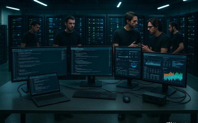 Hochmodernes IT-Wartungslabor mit Arbeitstisch, Monitoren, Serverracks und entwickelnden Technikern in schwarzen T-Shirts, professionell und futuristisch, Credits: 404 Magazine (Tobias Hager)