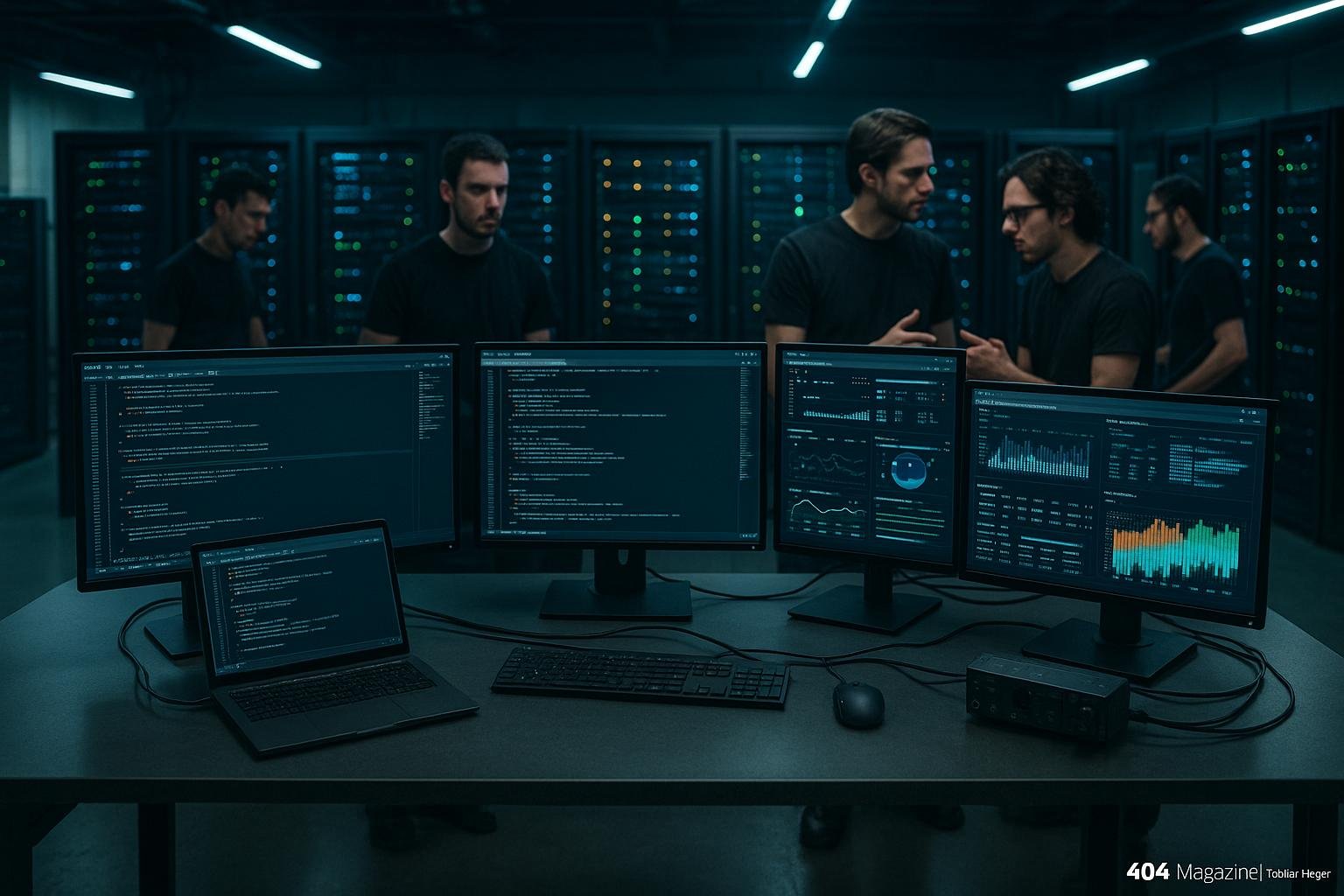 Hochmodernes IT-Wartungslabor mit Arbeitstisch, Monitoren, Serverracks und entwickelnden Technikern in schwarzen T-Shirts, professionell und futuristisch, Credits: 404 Magazine (Tobias Hager)