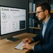 Modernes Büro mit großem Bildschirm, Shopify-SEO-Dashboard, Diagrammen, technischen Analysen und Code-Snippets, im Hintergrund Bücherregale, Geschäftsmann tippt auf kabelloser Tastatur, fortschrittliches Arbeitsumfeld.