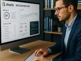 Modernes Büro mit großem Bildschirm, Shopify-SEO-Dashboard, Diagrammen, technischen Analysen und Code-Snippets, im Hintergrund Bücherregale, Geschäftsmann tippt auf kabelloser Tastatur, fortschrittliches Arbeitsumfeld.