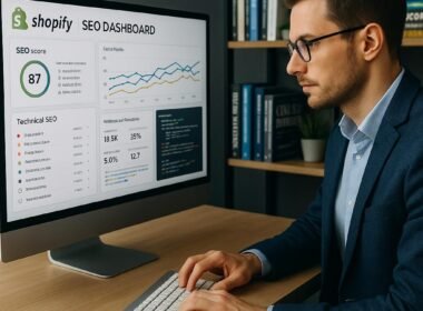 Modernes Büro mit großem Bildschirm, Shopify-SEO-Dashboard, Diagrammen, technischen Analysen und Code-Snippets, im Hintergrund Bücherregale, Geschäftsmann tippt auf kabelloser Tastatur, fortschrittliches Arbeitsumfeld.