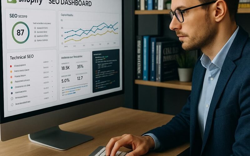 Modernes Büro mit großem Bildschirm, Shopify-SEO-Dashboard, Diagrammen, technischen Analysen und Code-Snippets, im Hintergrund Bücherregale, Geschäftsmann tippt auf kabelloser Tastatur, fortschrittliches Arbeitsumfeld.