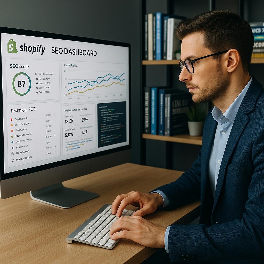 Modernes Büro mit großem Bildschirm, Shopify-SEO-Dashboard, Diagrammen, technischen Analysen und Code-Snippets, im Hintergrund Bücherregale, Geschäftsmann tippt auf kabelloser Tastatur, fortschrittliches Arbeitsumfeld.