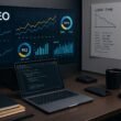 Arbeitsplatz mit großem Bildschirm, Notizbüchern, Laptop mit Code, Kaffee und technischen Geräten, mit Diagrammen zu Ladezeiten und Serverleistung im Hintergrund