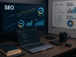 Arbeitsplatz mit großem Bildschirm, Notizbüchern, Laptop mit Code, Kaffee und technischen Geräten, mit Diagrammen zu Ladezeiten und Serverleistung im Hintergrund