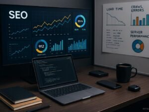 Arbeitsplatz mit großem Bildschirm, Notizbüchern, Laptop mit Code, Kaffee und technischen Geräten, mit Diagrammen zu Ladezeiten und Serverleistung im Hintergrund