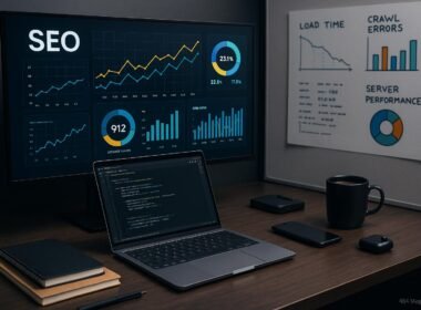 Arbeitsplatz mit großem Bildschirm, Notizbüchern, Laptop mit Code, Kaffee und technischen Geräten, mit Diagrammen zu Ladezeiten und Serverleistung im Hintergrund