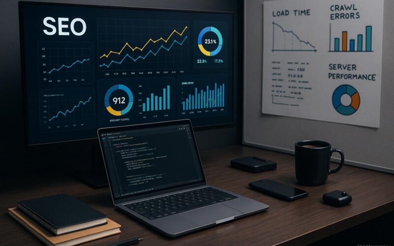 Arbeitsplatz mit großem Bildschirm, Notizbüchern, Laptop mit Code, Kaffee und technischen Geräten, mit Diagrammen zu Ladezeiten und Serverleistung im Hintergrund