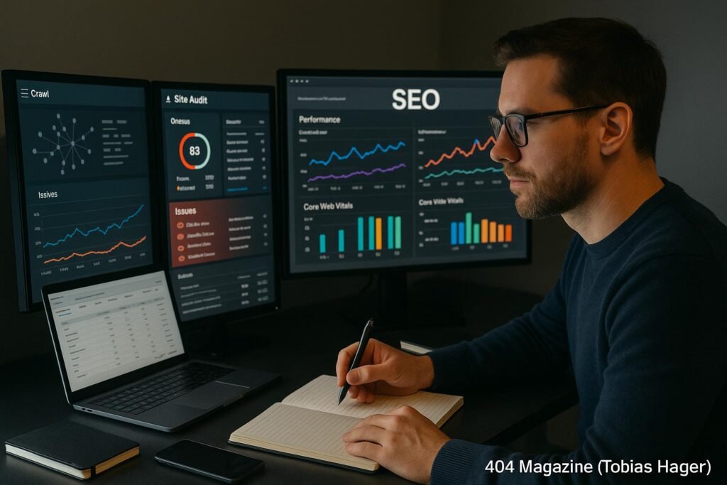 Ein Arbeitsplatz mit Monitoren, die SEO-Dashboards, Website-Analysen und Performance-Daten zeigen, von einer Person mit Brille analysiert.