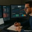 Ein Arbeitsplatz mit Monitoren, die SEO-Dashboards, Website-Analysen und Performance-Daten zeigen, von einer Person mit Brille analysiert.