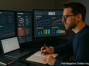 Ein Arbeitsplatz mit Monitoren, die SEO-Dashboards, Website-Analysen und Performance-Daten zeigen, von einer Person mit Brille analysiert.