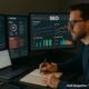 Ein Arbeitsplatz mit Monitoren, die SEO-Dashboards, Website-Analysen und Performance-Daten zeigen, von einer Person mit Brille analysiert.