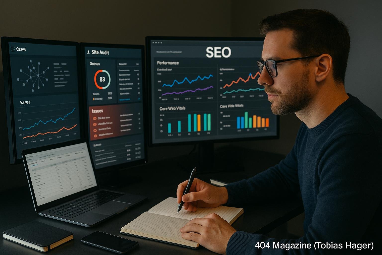 Ein Arbeitsplatz mit Monitoren, die SEO-Dashboards, Website-Analysen und Performance-Daten zeigen, von einer Person mit Brille analysiert.