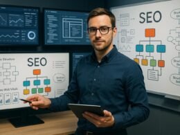 Selbstbewusster SEO-Manager in digitalem Büro mit mehreren Monitoren und digitalen Diagrammen zur SEO-Strategie
