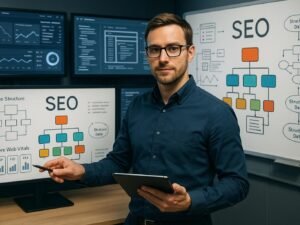 Selbstbewusster SEO-Manager in digitalem Büro mit mehreren Monitoren und digitalen Diagrammen zur SEO-Strategie