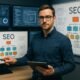 Selbstbewusster SEO-Manager in digitalem Büro mit mehreren Monitoren und digitalen Diagrammen zur SEO-Strategie