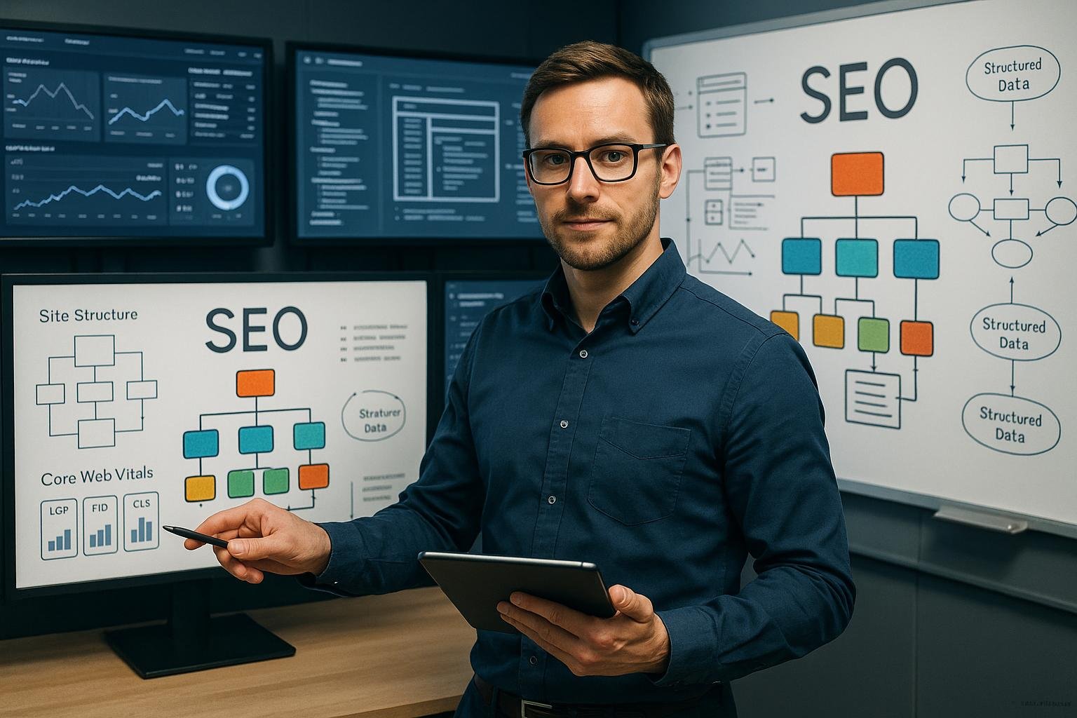 Selbstbewusster SEO-Manager in digitalem Büro mit mehreren Monitoren und digitalen Diagrammen zur SEO-Strategie