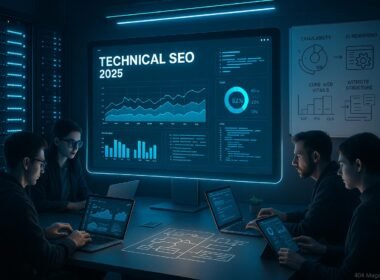 Futuristisches Büro-Setup mit großen Bildschirm, Serverracks, Whiteboard und Fachleuten bei der SEO-Optimierung, im High-Tech Ambiente mit Neonlichtern.